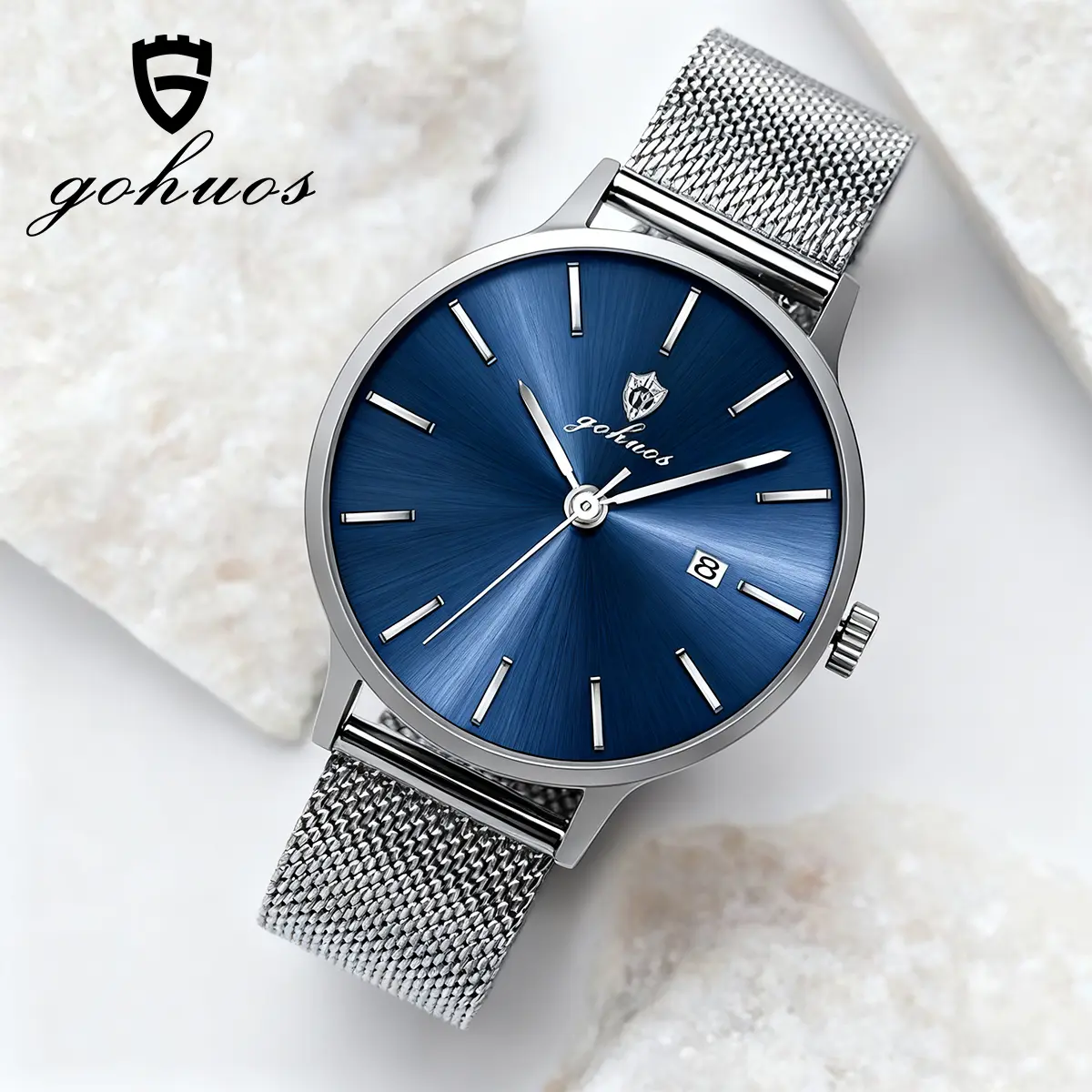 Men's Silver Metal Wrist Watch, Ultra Slim Stainless Steel Quartz Analog with Blue Dial, Waterproof Precision Movement, Includes Batteries, Yes, Ultra Slim Precision Wrist Watches, Silver Metal Wrist Watches