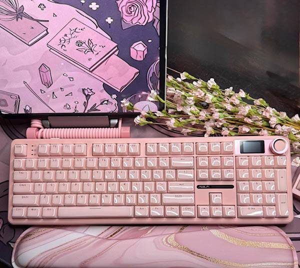 Pink on Pink Wireless Keyboard Full Set with Fidget Tool and Desk Mat Smooth Linear Switches Silent Options for Work Study or Leisure Pink Theme Complete Set