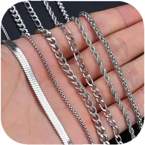 Chain Necklace for Men Women - 6 count Stainless Steel Cuban Link/Rope/Box/Figaro/Herringbone/Wheat Chain Layered Stacked Necklace Set 16/18/20/22/24 Inches