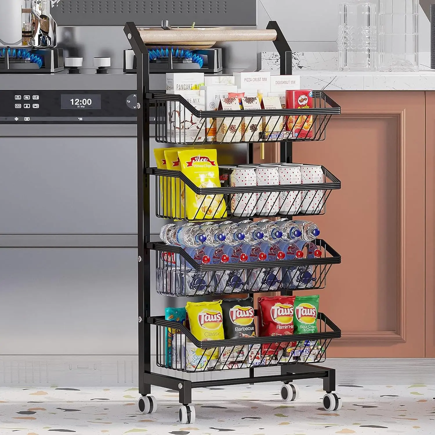 Black Adjustable 4-Tier Metal Rolling Kitchen Cart with Drawers, Lockable Wheels, Wooden Top - Home Organizer Storage Rack for Fruits, Vegetables, Cans summergarden, Rolling Cart Organization, Beauty