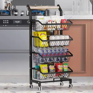 Black Adjustable 4-Tier Metal Rolling Kitchen Cart with Drawers, Lockable Wheels, Wooden Top - Home Organizer Storage Rack for Fruits, Vegetables, Cans summergarden, Rolling Cart Organization, Beauty