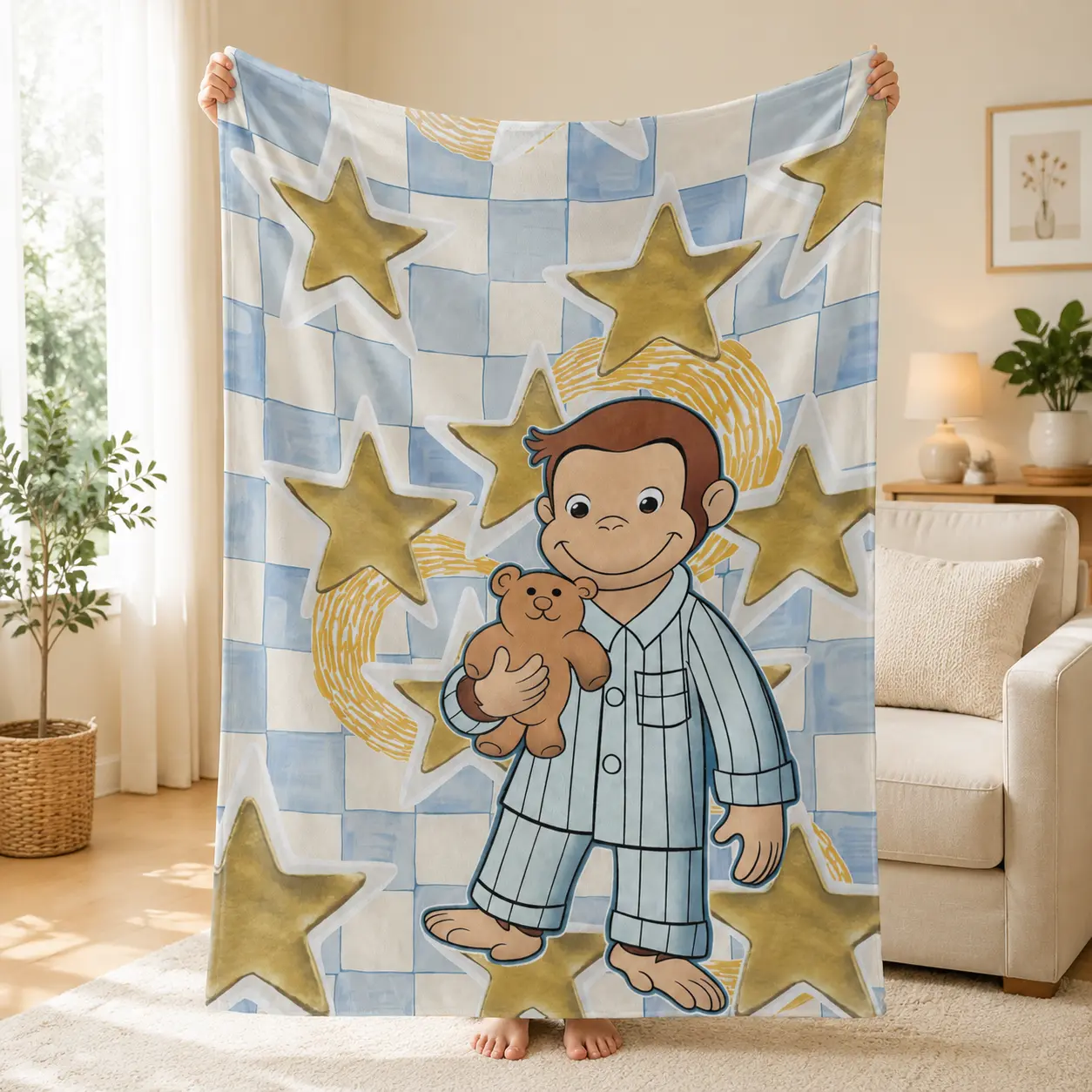 Blue Checkered Golden Star Pajama Monkey Holding Teddy Bear Throw Blanket Soft Flannel Cozy Blanket for Kids Nursery Decor Gift