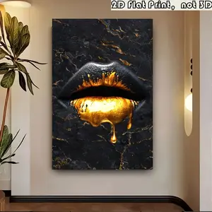 Black Lips With Golden Drips Canvas Wall Art - Modern Home Decor, Wooden Framed Artwork For Living Room, Bedroom, Kitchen - Unique Gift For Birthdays, Father's Day, Lips Wall Decor, Hallway Decoration, Detailed Lip Artwork, Bedroom Decor,
