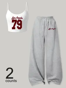 Women's Los Angeles 79 Printed Co-ord Set: Cami Top And Joggers, Casual Loungewear For Young Women, Trendy Outfit For City Exploration And Weekend