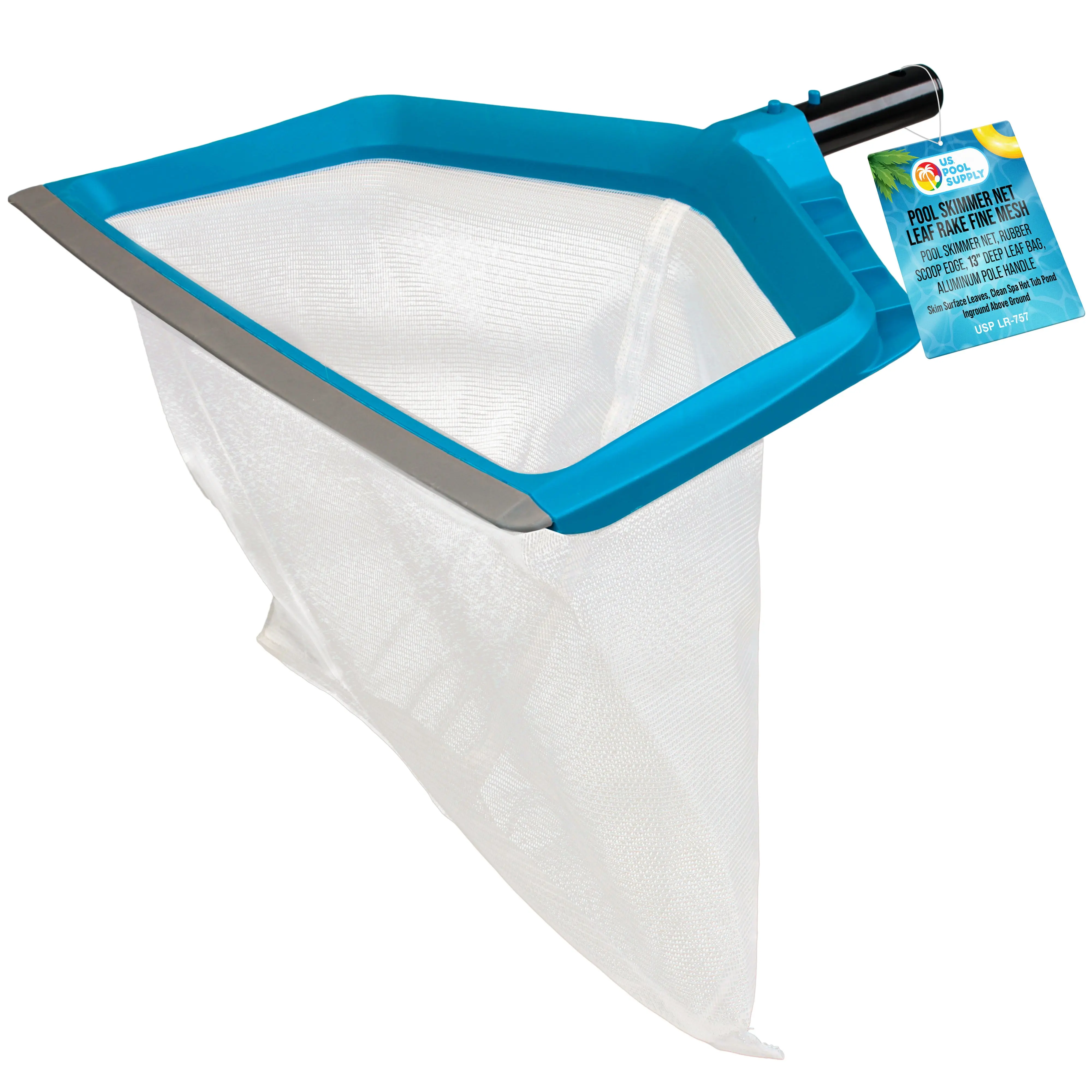 Pool Skimmer Net - Leaf Rake Fine Mesh Pool Skimmer Net, Rubber Scoop Edge, 13" Deep Leaf Bag, Aluminum Pole Handle