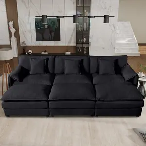 Oversized Deep Seat Modular Sectional Cloud Sofa Sleeper with 3 Ottomans & Soft Pillows, DIY Combination Chenille Couch Bed for Living Room & Apartment