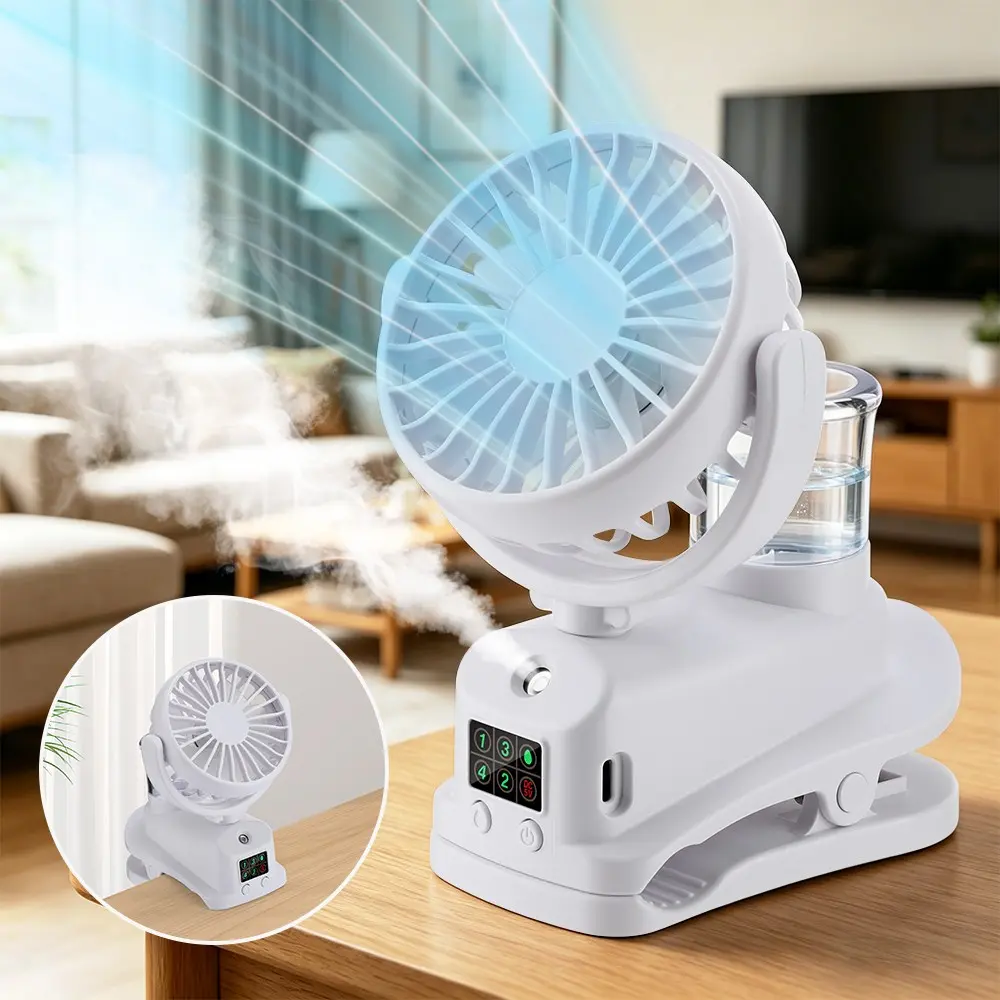 Clip-On Fan with Humidifier, 4-Speed Adjustable Spray Fan, 1200mah Battery Rotating Mini Desk Clip Fan For Bedside, Stroller Use, USB Rechargeable Fan, Portable Multifunctional Fan