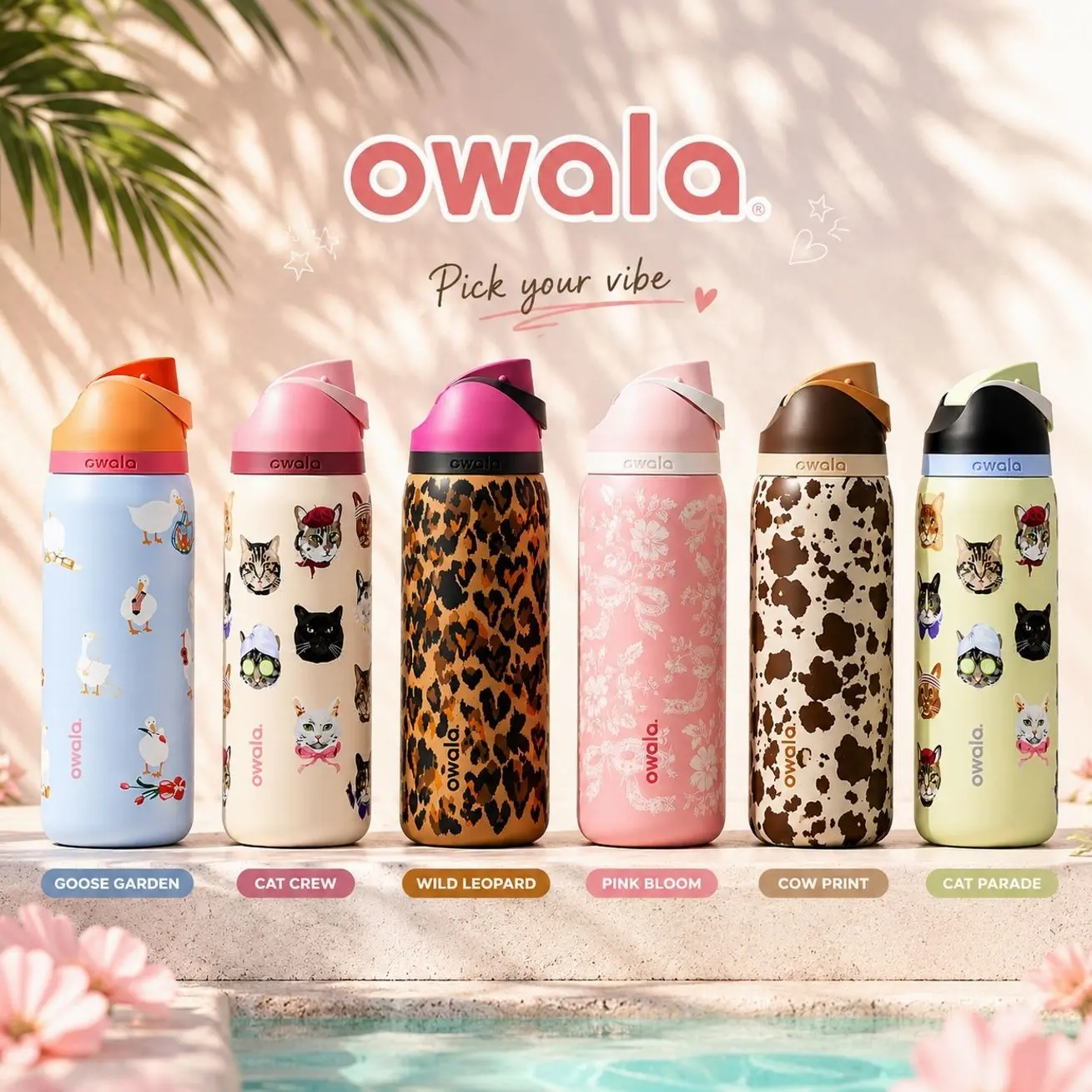6 Styles Owala 32oz FreeSip Bottle, Insulated Stainless Steel Water Bottle, Cute Goose Cat Floral Leopard & Cow Print Designs, Leak Resistant Travel Drinkware