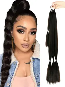 Women Extra Long Straight Hair Extensions Elegant Long Straight Hair Extension DIY Long Ponytail Fluffy Volume Boosting 3 Strand Braid Pre Braided Hair Bundles Heat Resistant Fiber Women Hair Fake Ponytail Suitable for Daily Holiday Multi Occasion Use