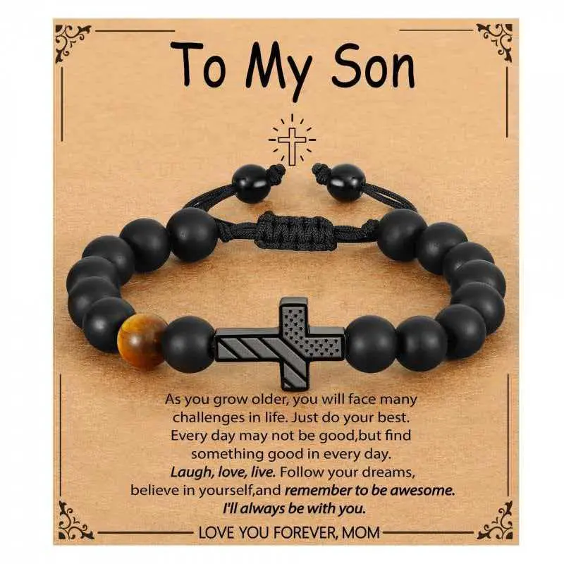 Christian Cross Print Bracelets & Bangles for Men, Beaded Black Onyx and Tiger Eye Jewelry, Inspirational Gift for Son, Faith Decor, Cross Design, Bead Chain