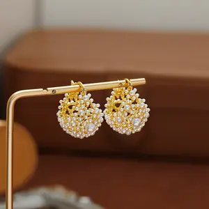 Elegant Imitation Pearl Basket Hoop Earrings for Women| 18K Real Gold Plated Copper| Hypoallergenic Ear Clasp Versatile Ethereal Jewelry for Daily & Party Wear