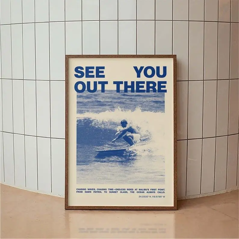 Original Vintage Malibu First Point Surfing Poster - Unframed Multi-Size (8x12,24x36,27x40) Warm California Wave Paper Art Print with Border, Decor Inspo Coastal Wall Decor for Beach House, Ships in Tube