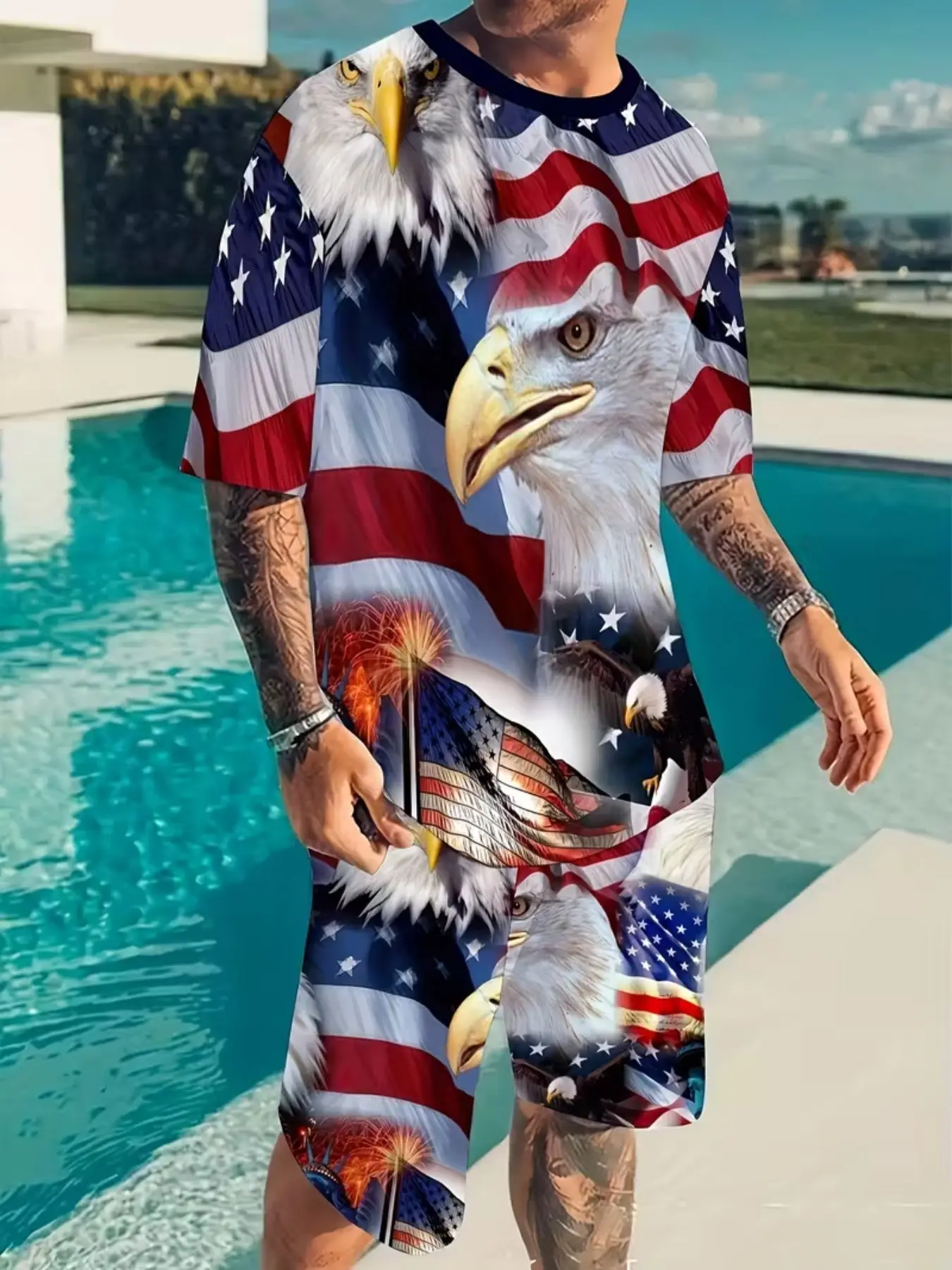 Men's American Flag Eagle 3D Print Casual Homewear Set, Menswear, Graphic Cropped Tee & Short Pants, Fitted, Drop Waist, Sleeves, for Sports & Daily Wear