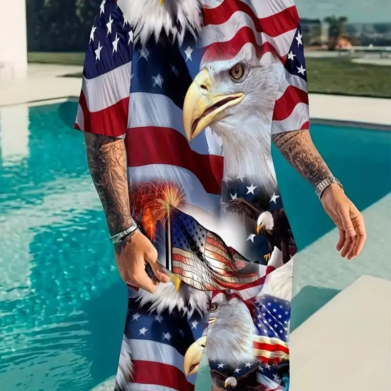 Men's American Flag Eagle 3D Print Casual Homewear Set, Menswear, Graphic Cropped Tee & Short Pants, Graphic Tees, Fitted, Drop Waist, Sleeves, for Sports & Daily Wear, Clothes