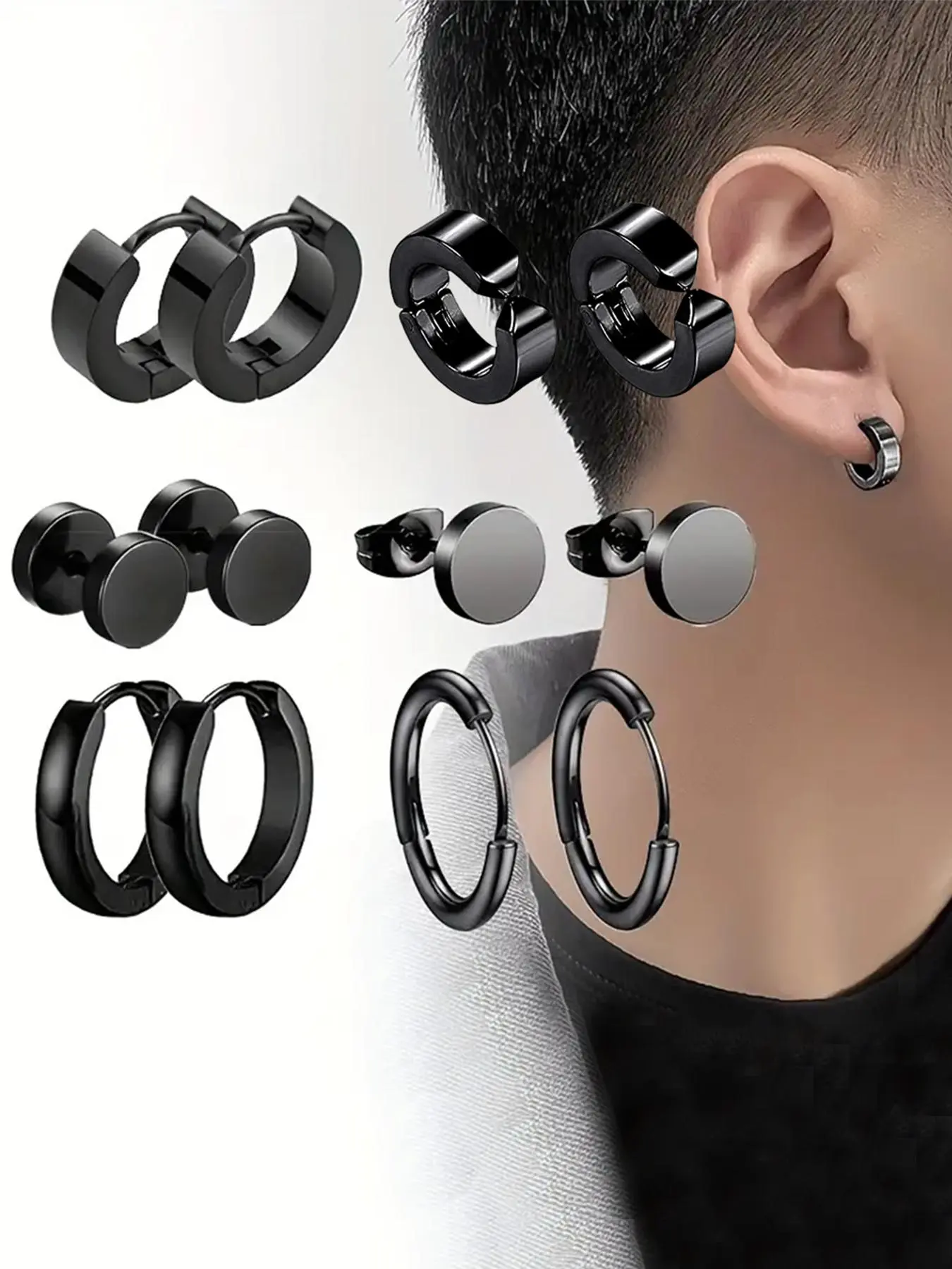 Men's Punk Style Stainless Steel Casual Earrings Set, Hypoallergenic Earrings, Hypoallergenic Earrings Pack, Earrings Set for Daily & Party Decoration, Jewelry for Birthday Gift, Stainless Steel Hoops