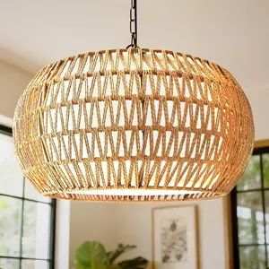 5-Lights Boho Rattan Chandelier for Dining Room, 19" Farmhouse Chandelier Light Fixtures with Fabric Shade, Large Hand Woven Pendant Lighting for Kitchen Island, Living Room
