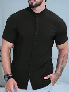 Men's Plus Size Solid Color Plain Short Sleeve Fitted Shirt, Button-Down Shirt, Perfect for Outdoor Wear, Casual Fashion