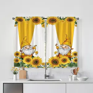 Sunflower & Gnome Pattern Curtain, 2 Counts/set Colorful Floral Series Digital Printing Curtain, Home Decor for Kitchen, Living Room, Bedroom, and Attic, Home Decoration Curtain