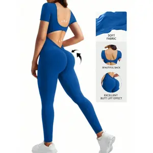 One piece seamless spandex U-neck short sleeved bodysuit with hip lifting, gym clothing, women's fitness jumpsuit