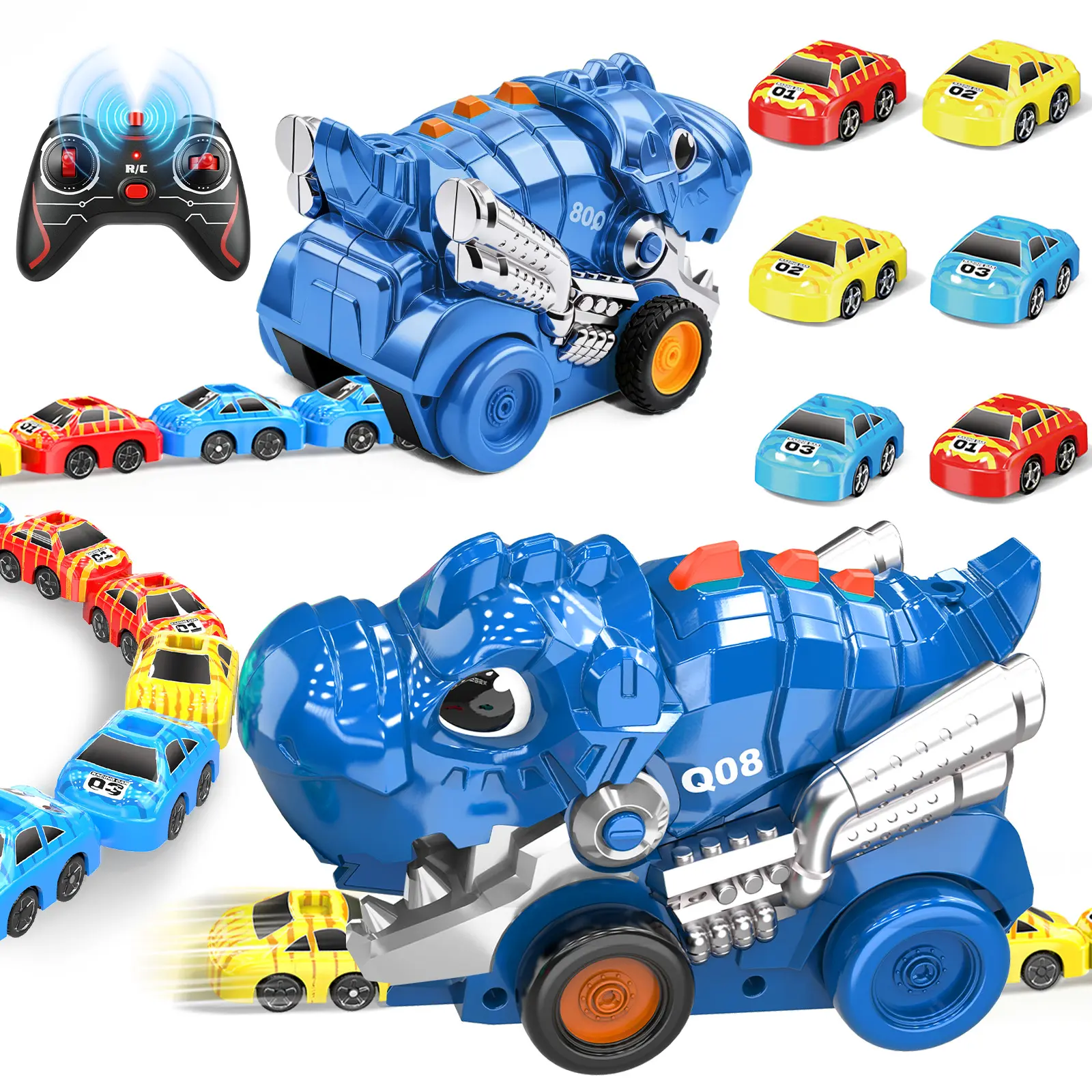 Dinosaur Remote Control Car Toys for Kids, 2.4GHz RC Dino Eating Car Toy with 6 Magnetic Cars & Music Dino Truck Birthday Gifts Toys for 3 4 5 6 7 8 9 10 11 12 Year Old Boys Girls