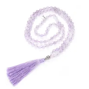Adabele Premium 108 Mala Bead Tassel Necklace, 8mm Natural Purple Lavender Jade Gemstone, Buddhist Japa Prayer Beaded Jewelry RGN21