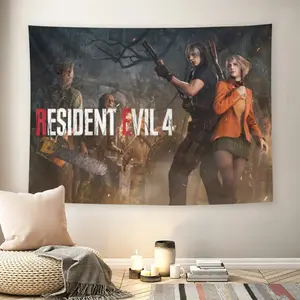 Resident Evil 4 Leon & Ashley Wall Flag, Horror Game Art Print Tapestry, Mid-century Modern Black Flash Manga Style Room Decor for Adult Fans, Zombie Survival Game Wall Hanging