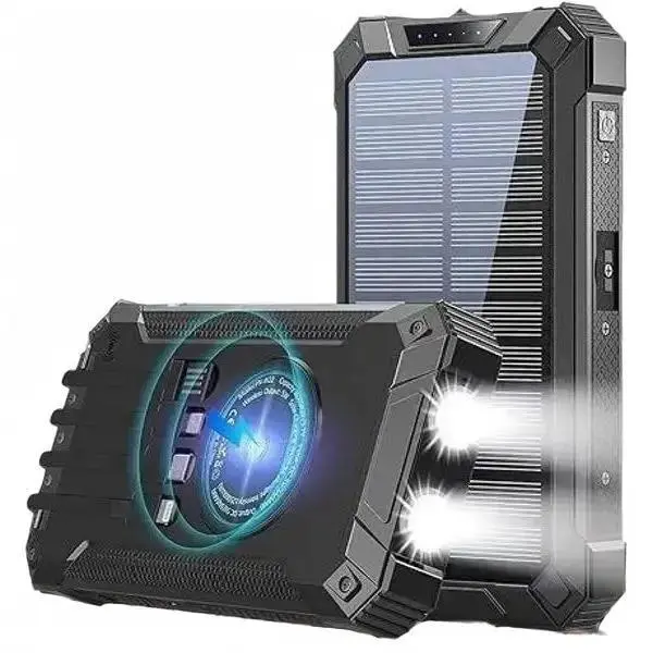 W22B Power Bank Wireless Charger Built in 4 Cables Six Outputs 16W Fast Charging Power Bank for All Mobile Devices Three Inputs Solar Portable Charger with Dual Flashlights, Carabiner Accessories Usb
