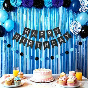Blue Birthday Party Decorations for Boys Men Happy Birthday Banner Balloons Navy Royal Light Blue Pom Poms Foil Curtain Décor Party Decorations for Baby Boy