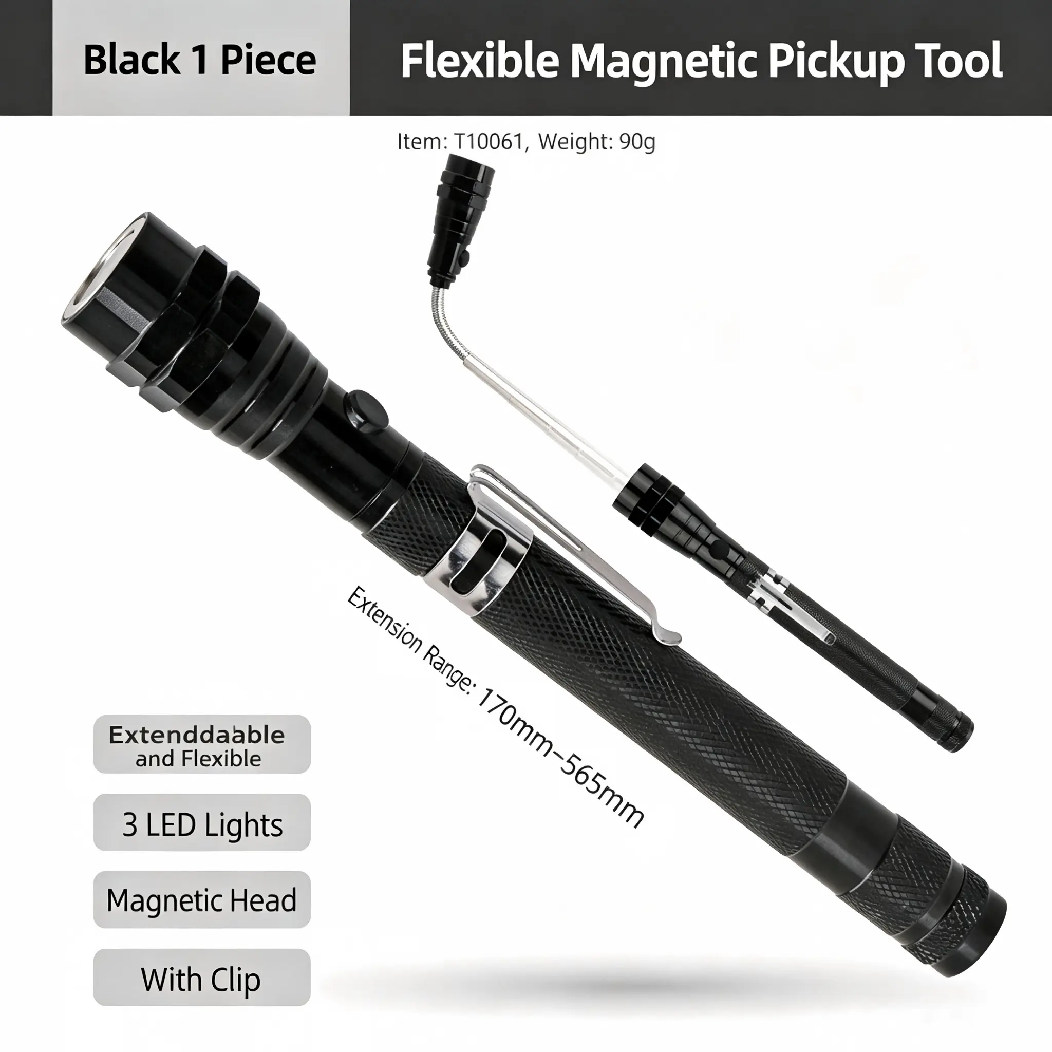 LED Extensible Telescopic Flexible Magnetic Head Pickup Tool with Clip & Handle, 22-in Max Length Car Repair/Inspection Flashlight for Cars, Includes 4 LR44 Batteries