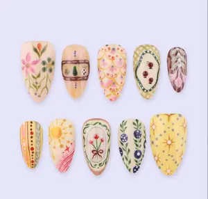 Spring Folk Garden Press On Nails | Hand-Painted Floral & Pattern Fake Nails in Medium Almond | Handmade Nail Art for Everyday Wear