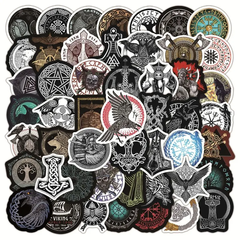 50pcs Vintage Viking Totem Series Graffiti Sticker, Waterproof Decoration Sticker For DIY Water Bottle, Laptop, Phone Case, Luggage, Skateboard, Stickers Waterproof, Sticker Decals, Sticker Vinyl, Decorative Sticker