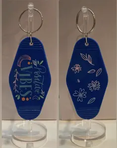 POSITIVE VIBES Boho Floral Blue Retro Motel Keychain