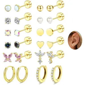 12 Pairs 18K Gold Plated Stainless Steel Flat Back Earrings Set - Opal CZ Stud Hoop Earrings for Women Helix Cartilage Multiple Piercing