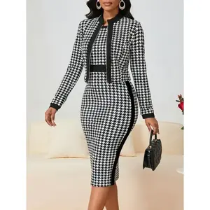Elegant Houndstooth Two-Piece Set for Women - Casual Jacket & Bodycon Dress, Stretch Polyester Blend, Machine Washable, Thousand Bird Pattern