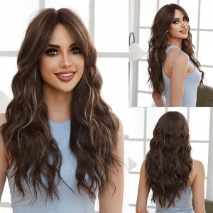 Long Brown Mix Blonde Wig with Bangs for Women Girls Wavy Natural Straight Synthetic Hair Wig for Daily Party Cosplay Use
