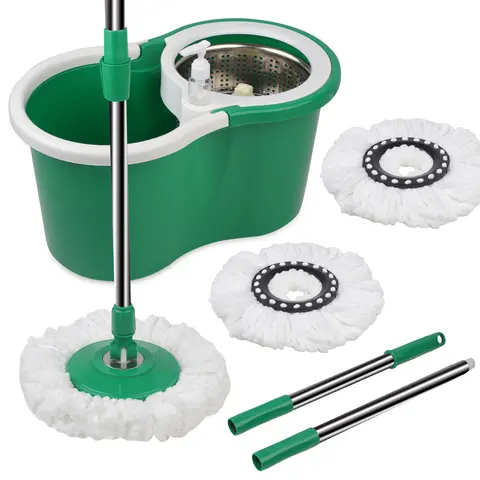 360° Rotating Mop and Bucket Set with Wringer - Sturdy Home Care Floor Cleaning Tool, Adjustable Handle, 3 Microfiber Replacement Heads, Drain Plug, Easy Mopping