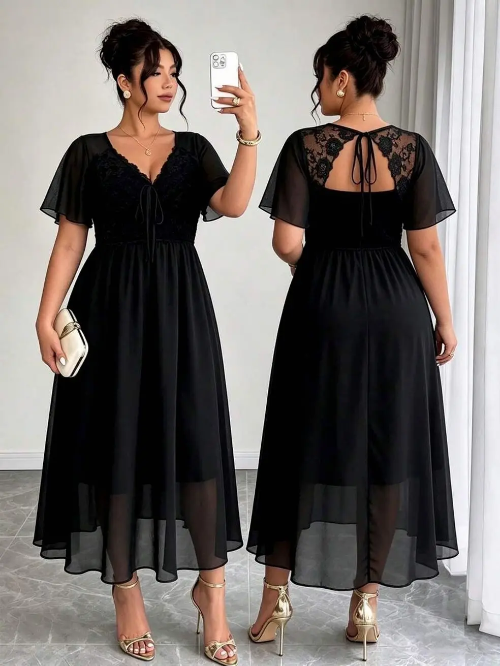 Plus Size Chiffon Patchwork Shirred Lace Shirred Backless Dress