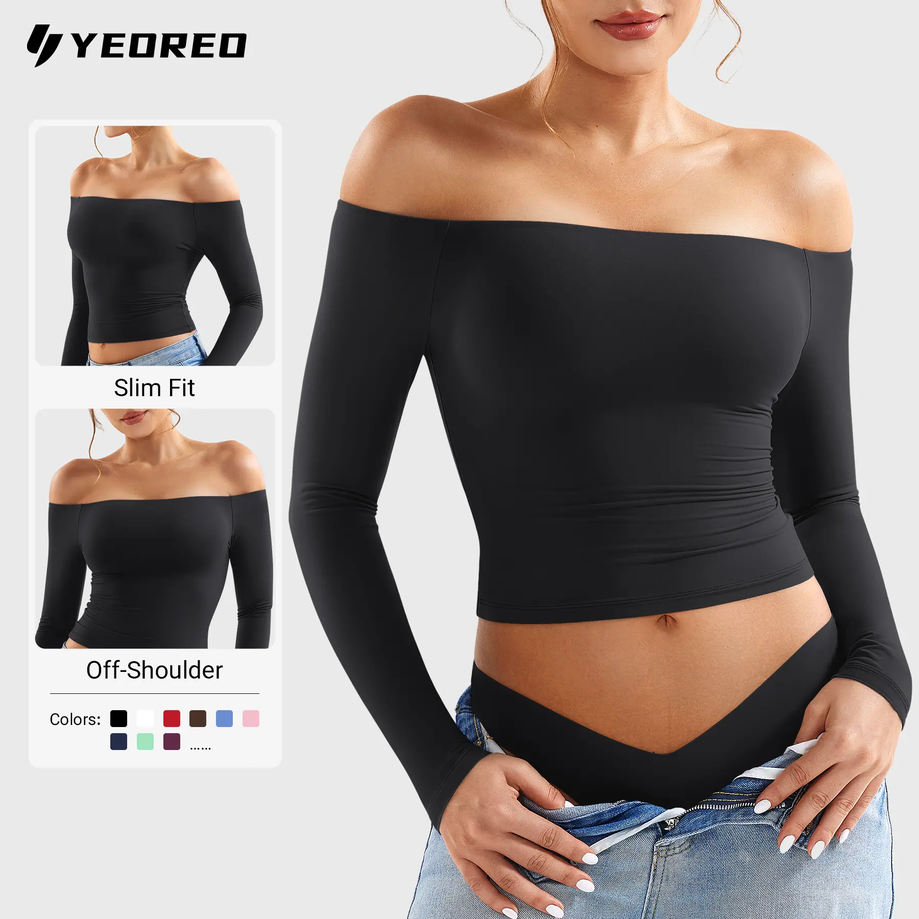 YEOREO Ease Women Off Shoulder Long Sleeve Shirts Double Lined Basic Top Under Shirt Y2K Going Out Tops