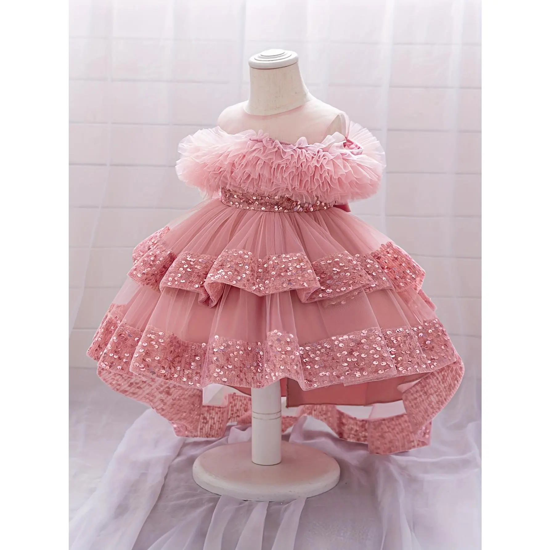Baby Girls' Flared Layered Tulle Umbrella Midi Skirt - Polyester-Viscose, 3D Floral Lace, Belt, Regular Fit, for 0-3 Years Birthday Parties & Flower Girl Occasions