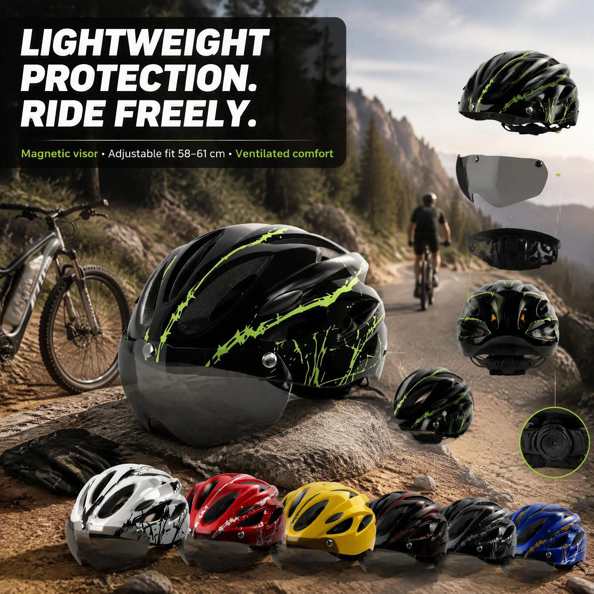 Adult Cycling Helmet with Detachable Magnetic Goggles, Ultra Light Adjustable Bike Helmet, Shockproof Breathable Safety Helmet for Road Bike, Mountain Bike, E-Scooter Commuting