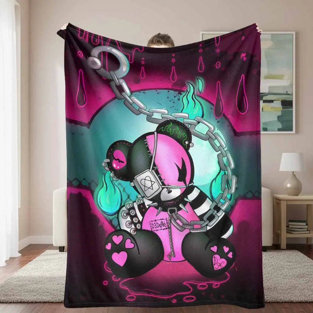 Alternative Style Flannel Blanket - Character Inspired, Digital Printing with Gothic Teddy Bear, Punk Chain - Cozy Lightweight Warmth for Halloween Decoration, Dorm Room Decor, Themed Gifting, Character Inspired Blankets, Digital Printing Blankets