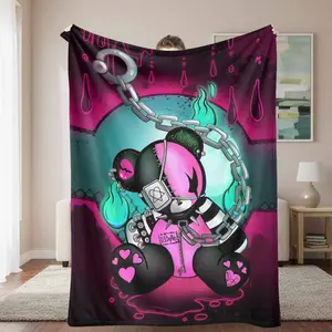 Alternative Style Flannel Blanket with Gothic Teddy Bear and Punk Chain Print，Cozy Lightweight Warmth for Halloween Decoration，Dorm Room Decor，Spooky Season Comfort，and Themed Gift Giving.