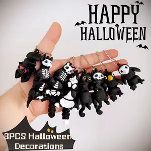 8PCS 3D Printed Spooky Charms - Skeleton Cat/Dog/Bat/Crow Bag Charm Buddies | Halloween Christmas Gift & Keychain Decor
