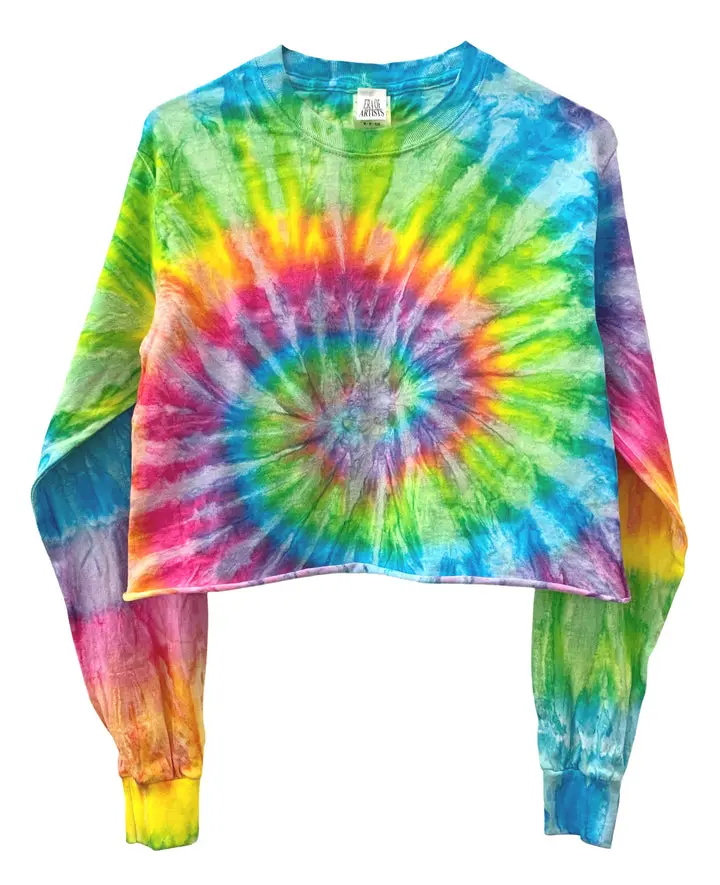 Rainbow Tie-Dye Cropped Long Sleeve Unisex Tee, Hand Dyed
