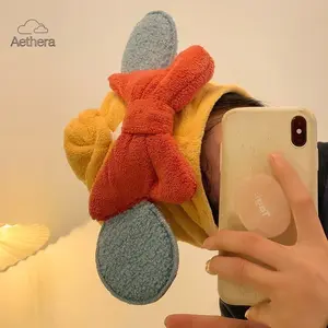 Aethera Kids Hair Drying Towel Wrap with Cute Bow Solid Color Coral Fleece Ultra Absorbent Hair Turban Soft Skin-Friendly Quick-Dry Shower Cap for Children Gentle Lightweight Design for Daily Bath Time & Home Use