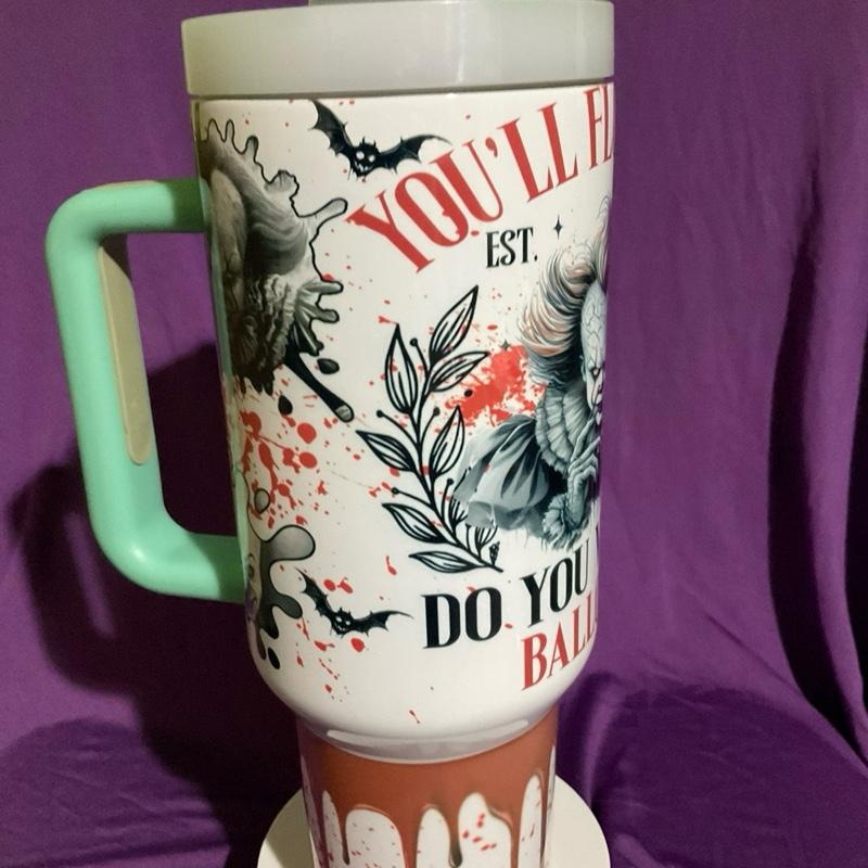 Pennywise 40 Oz Tumbler with Handle - "You'll Float to Do You Want a Balloon?" Design - Bottle, Drinkware Washable Portable Reusable Lid