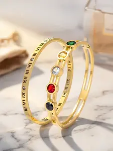 18K Gold-Plated Two-Piece Roman Numeral Colored Diamond Zircon Bracelet Set, Titanium Steel Stackable Sparkling Chip Bead Bracelet, Hypoallergenic Skin-Friendly Waterproof Luxury Jewelry, Perfect for Daily Wear, Weddings and Birthdays #Ideal Gift for Wome