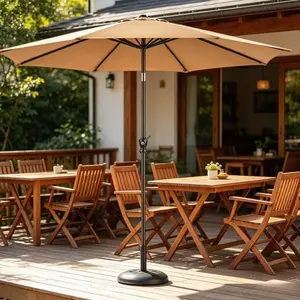 9FT Outdoor Patio Umbrella Khaki-New With 8 Ribs, Push Button Tilt & Crank, UV Protection Waterproof Wind Resistant Market Umbrella For Garden, Patio And Commercial Use