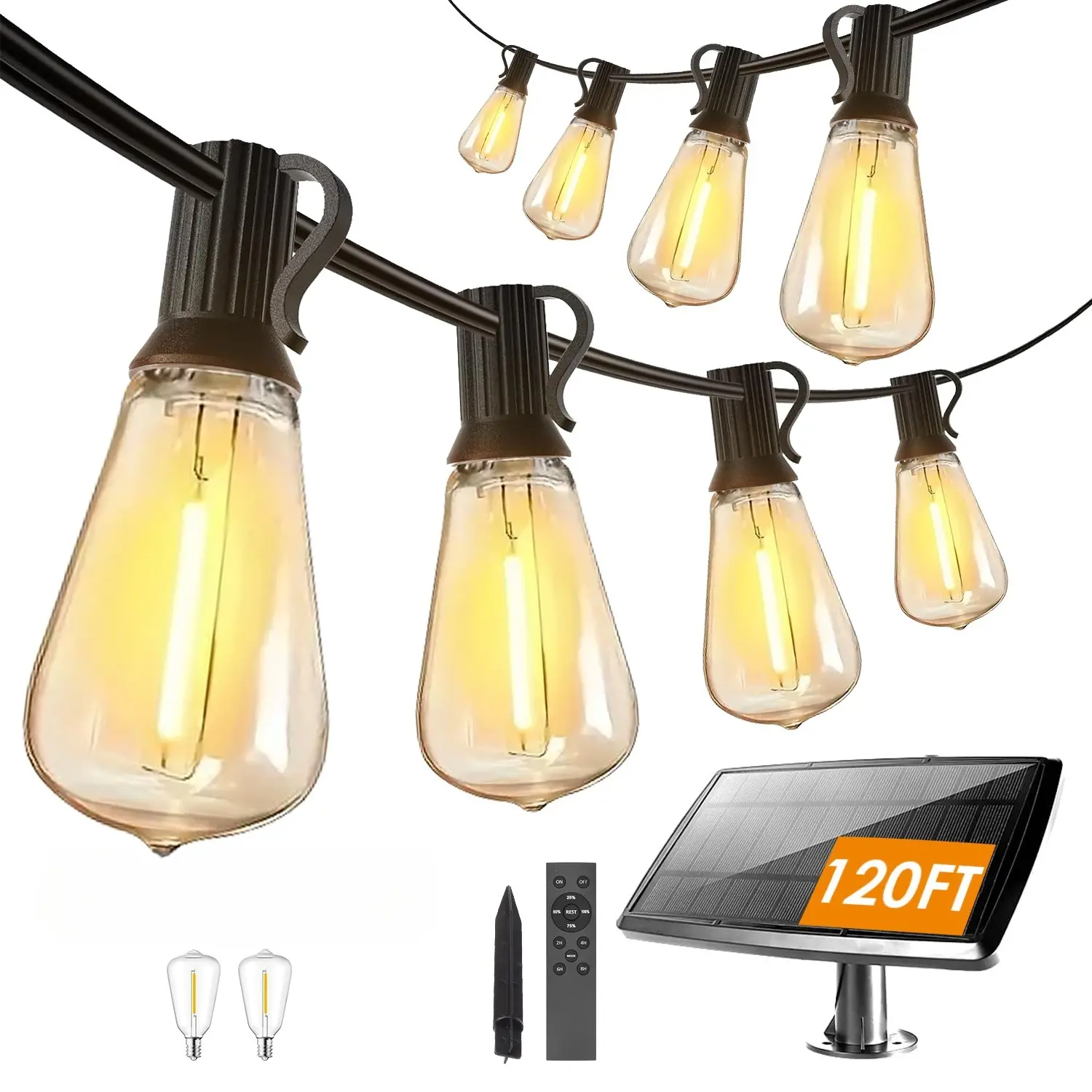 120FT Solar String Lights Outdoor Waterproof, Solar Patio Lights with Remote Control & 30+2 Dimmable ST38 Edison Bulbs Shatterproof,USB and Solar Rechargeable String Lights for Outside Garden Backyard