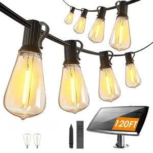 120FT Solar String Lights Outdoor Waterproof, Solar Patio Lights with Remote Control & 30+2 Dimmable ST38 Edison Bulbs Shatterproof,USB and Solar Rechargeable String Lights for Outside Garden Backyard